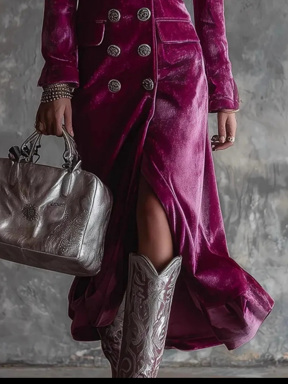 Women's Velvet Double-Breasted Midi Dress in Deep Magenta - Picture 2 of 3